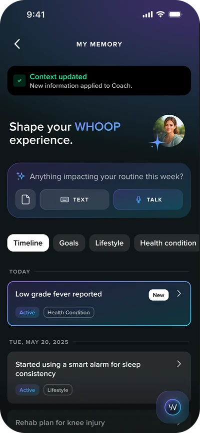 Màn hình My Memory của WHOOP Coach với các thẻ Timeline, Goals, Lifestyle, Health condition