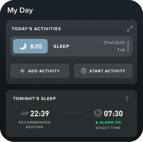 Mục My Day trong app WHOOP với danh sách Today's Activities, hai nút Add Activity, Start Activity và ô Tonight's Sleep