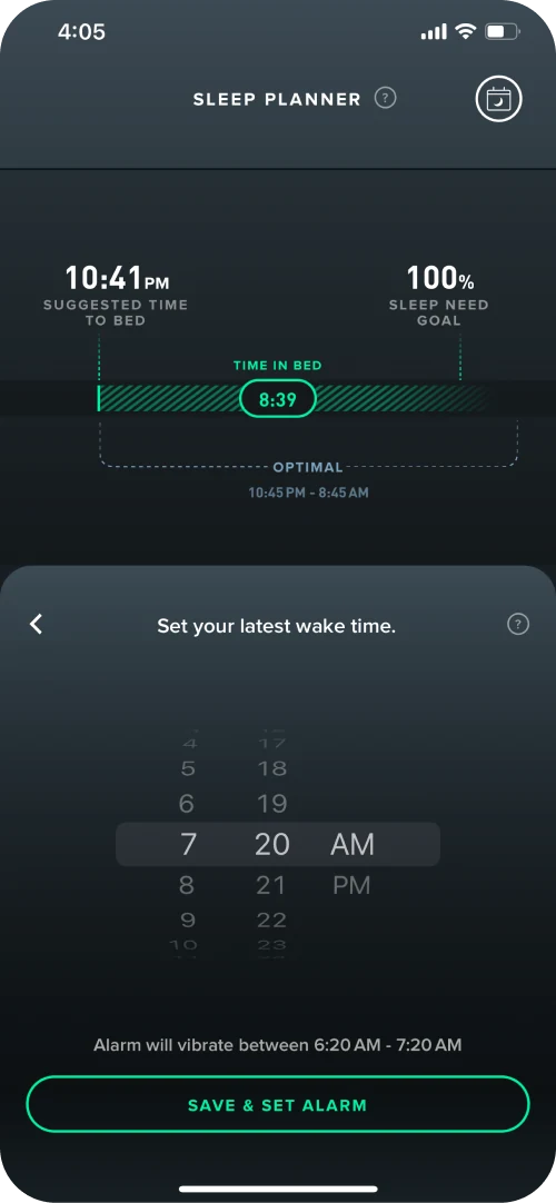 Màn hình Sleep Planner của app WHOOP với giờ đi ngủ gợi ý, mục tiêu nhu cầu ngủ và bảng chọn giờ thức muộn nhất