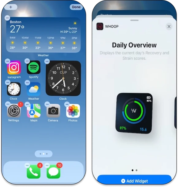 Màn hình chính iPhone ở chế độ chỉnh sửa và bảng chọn widget WHOOP có nút Add Widget
