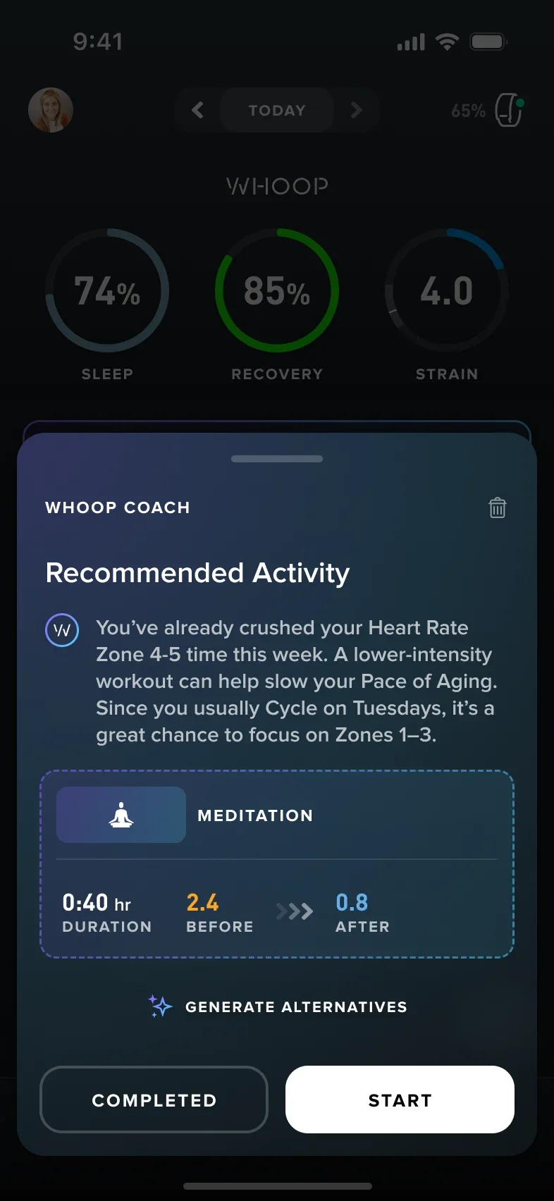 Màn hình Home của ứng dụng WHOOP với ba vòng Sleep, Recovery, Strain và gợi ý của WHOOP Coach