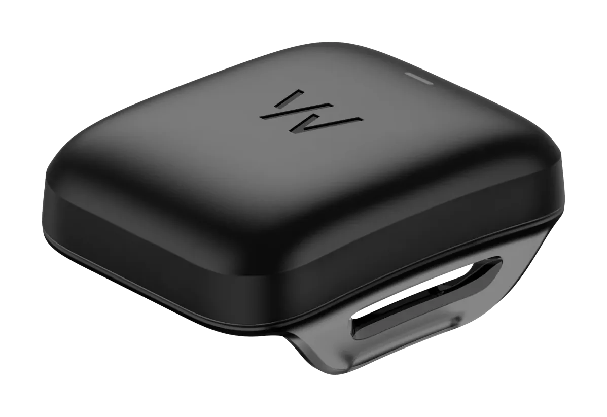 Wireless PowerPack màu đen nhìn nghiêng, thấy rãnh trượt để gắn lên thiết bị WHOOP